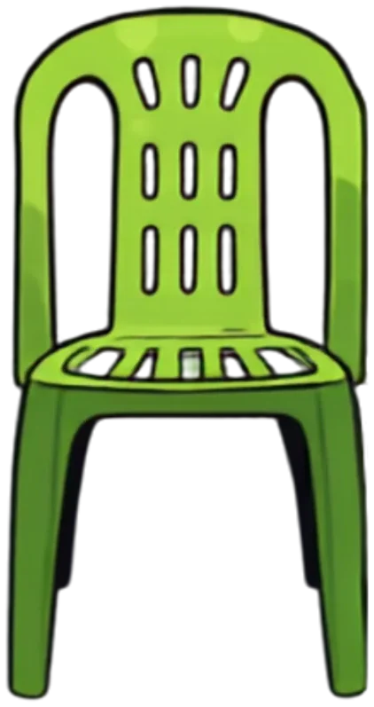 A green plastic monobloc chair with a cup of mint tea on its seat