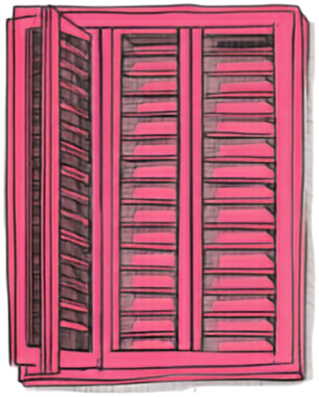 A pink louvred shutter, swung open