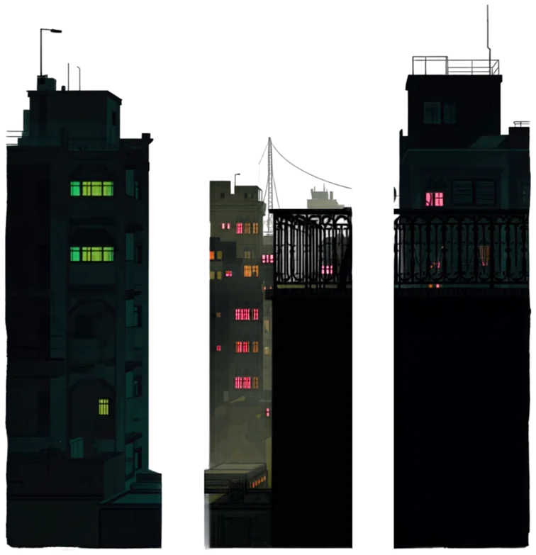 Beirut apartment blocks at night, windows lit green and pink